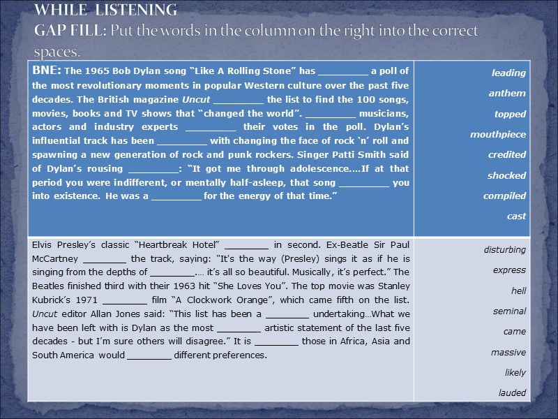 WHILE  LISTENING GAP FILL: Put the words in the column on the right
